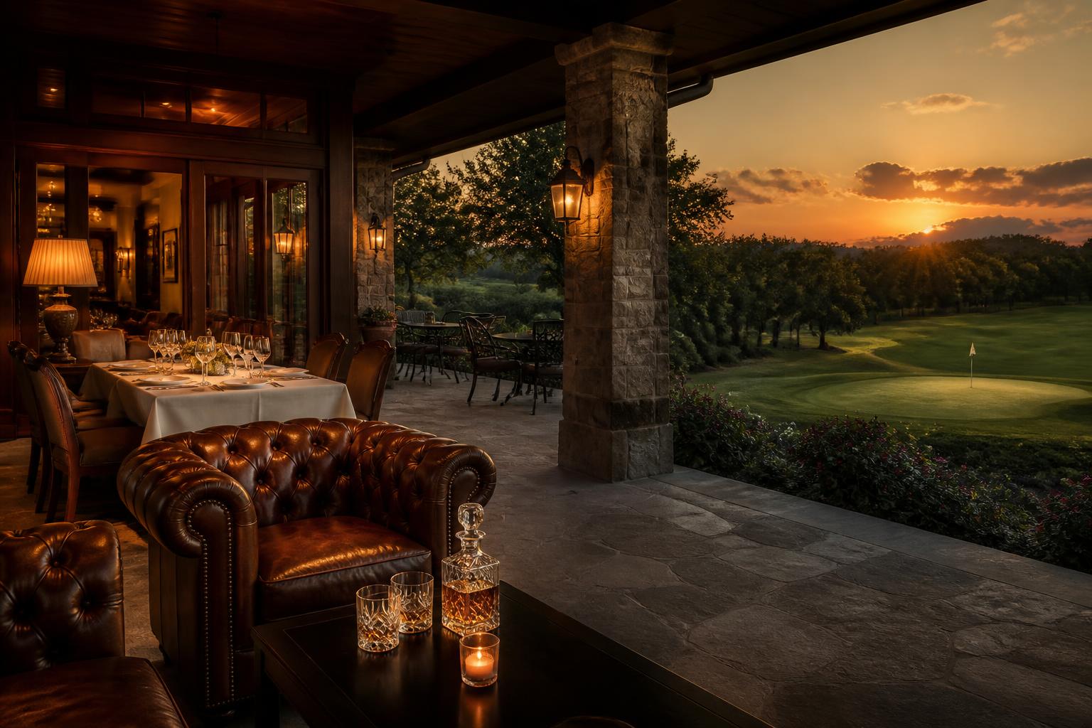 Private clubhouse veranda at dusk